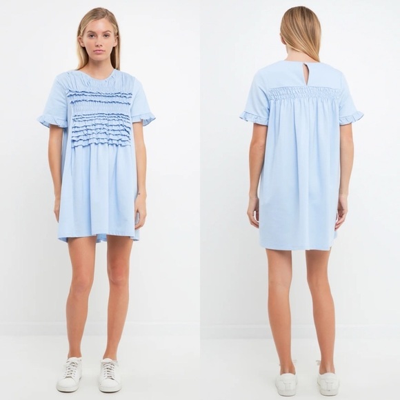 English Factory Mixed Media Ruffle Detail Dress Powder Blue - Picture 1 of 8